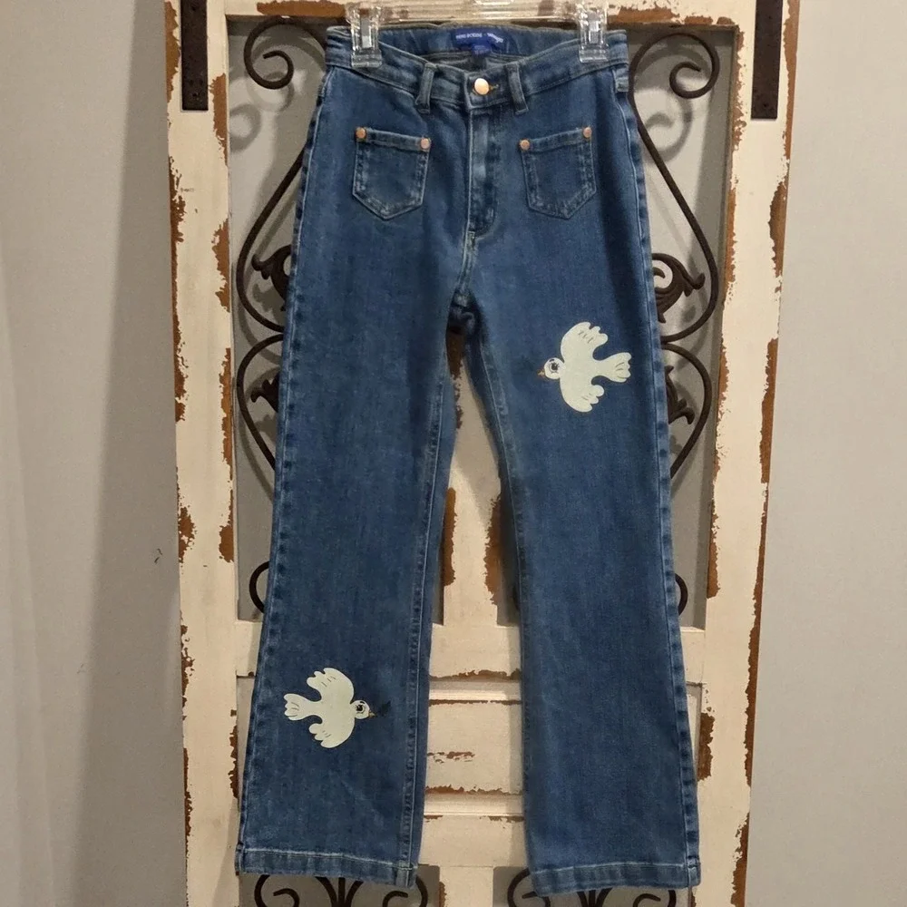 Mini Rodini x Wrangler Girls Bootcut Jeans Dove Print Denim Size 9-11Y